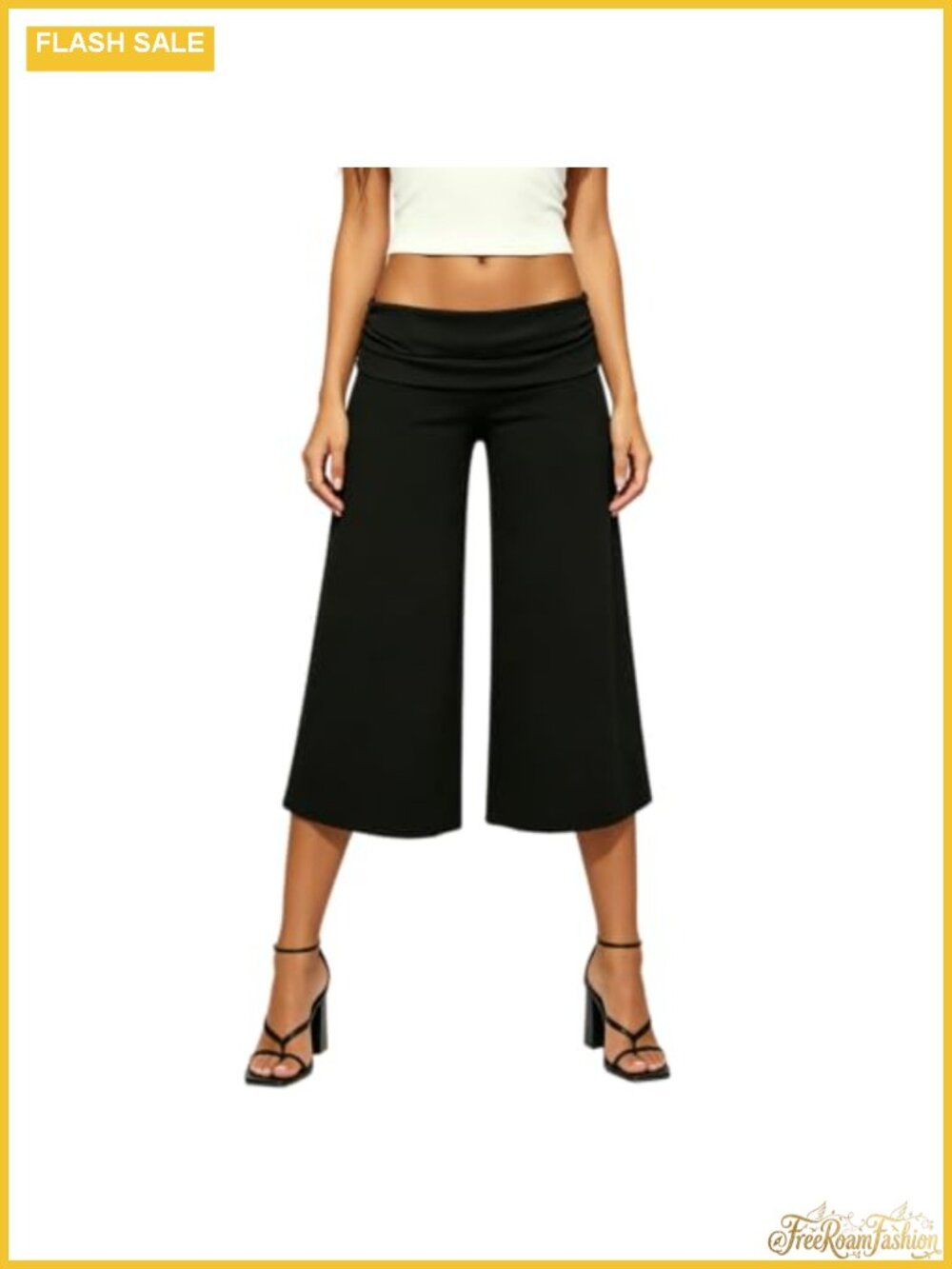 Gaucho Pants Women Low Rise Fold Waist Y2K Wide Leg Capris Stretch Boho Lounge